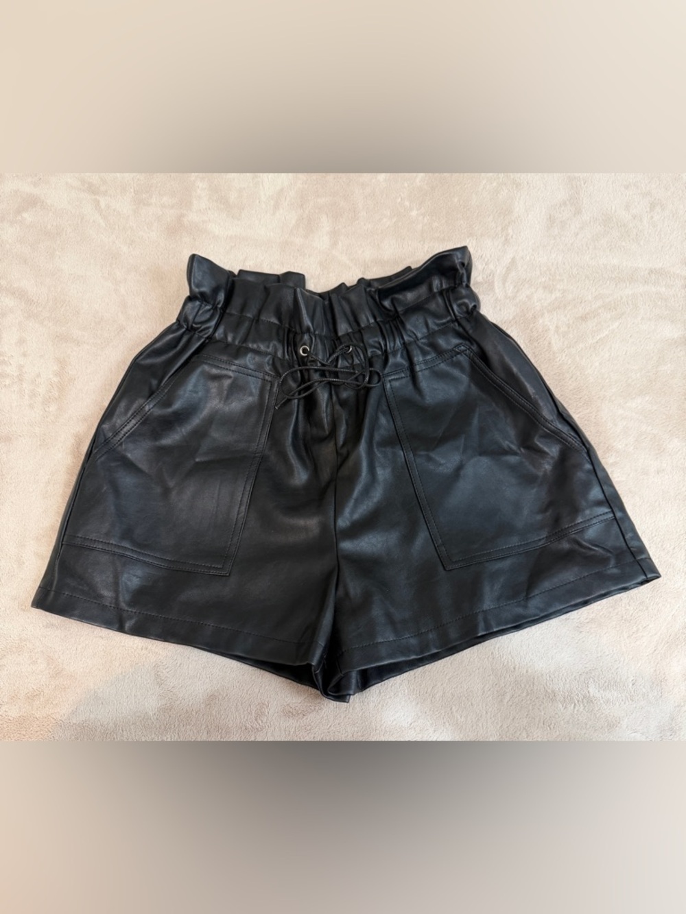 Black Faux Leather Paperbag Waist Shorts
